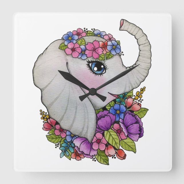 Relógio Quadrado Elefante De Aquarela Com Flores Selvagens (Frente)