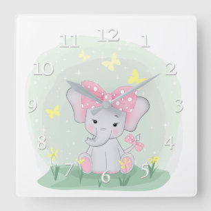 Relógio Quadrado Elefante de bebê bonito com arco rosa numa clare