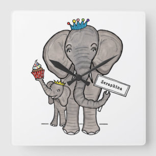 Relógio Quadrado Elefante e Bebê Cute Personalizados