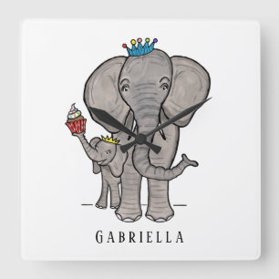Relógio Quadrado Elefante e bebê lindos personalizados