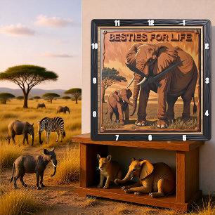 Relógio Quadrado Elefante Gravado Pôr do Sol Savana