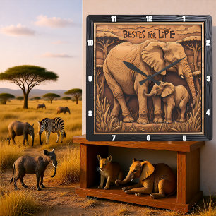 Relógio Quadrado Elefante Mãe Bebê Gravado