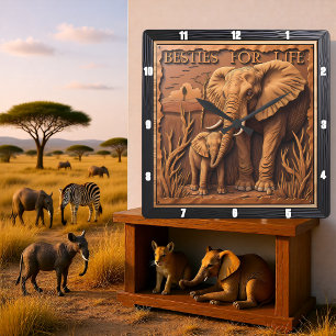 Relógio Quadrado Elefante Mãe Bebê Gravado em Poeira