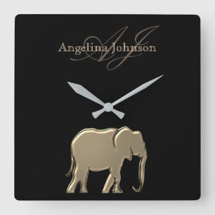 Relógio Quadrado Elefante negro e Dourado monograma