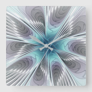 Relógio Quadrado Elegance Modern Blue Cinza White Fractal Art Flowe