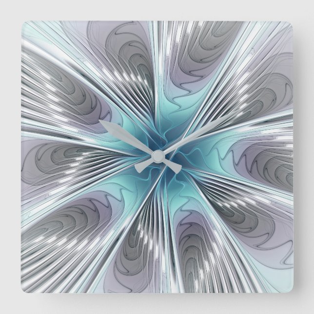 Relógio Quadrado Elegance Modern Blue Cinza White Fractal Art Flowe (Frente)