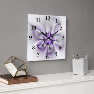 Relógio Quadrado Elegância Floral Arte Fractal Violeta Abstrata Mod