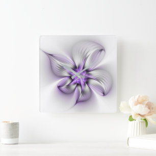 Relógio Quadrado Elegância Floral Arte Fractal Violeta Abstrata Mod