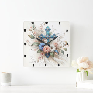 Relógio Quadrado Elegância Floral Cruzada ornamentado Azul E Dourad