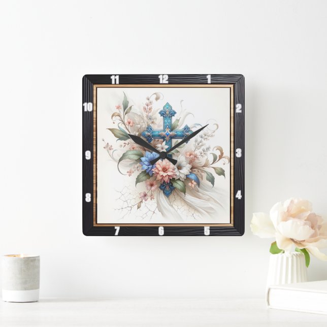 Relógio Quadrado Elegância Floral do ornamentado Cross (Lar)