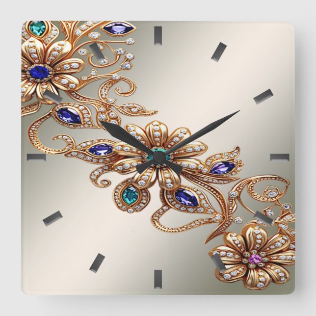 Relógio Quadrado Elegant Gold Jewel Flowers Wall Clock (Frente)