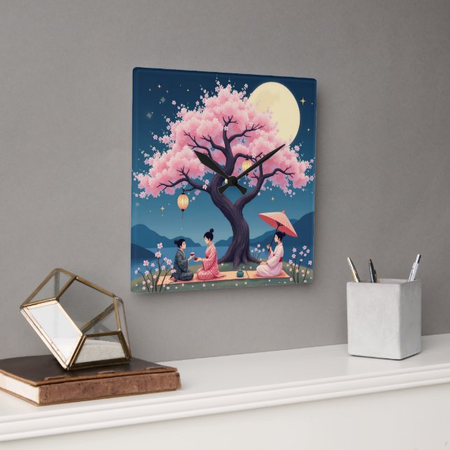 Relógio Quadrado Elegant Hanami Cherry Blossom Wall Clock (Escritório)