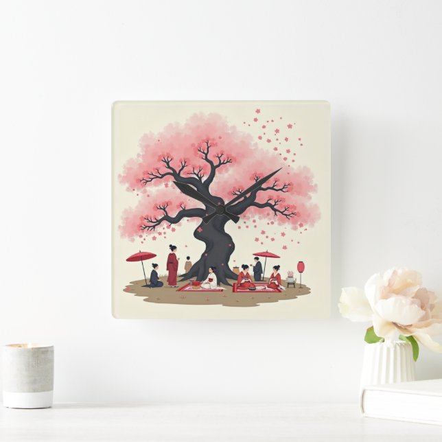 Relógio Quadrado Elegant Hanami Cherry Blossom Wall Clock (Lar)