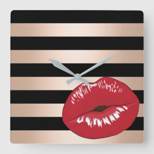 Relógio Quadrado elegant red lips rose gold black stripes pattern