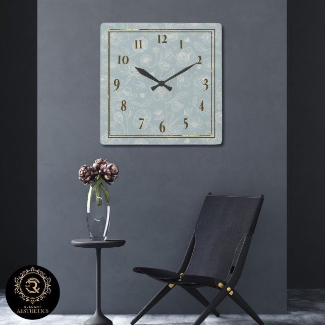 Relógio Quadrado Elegant Sage Green Floral Wall Clock - Home Gift (Criador carregado)