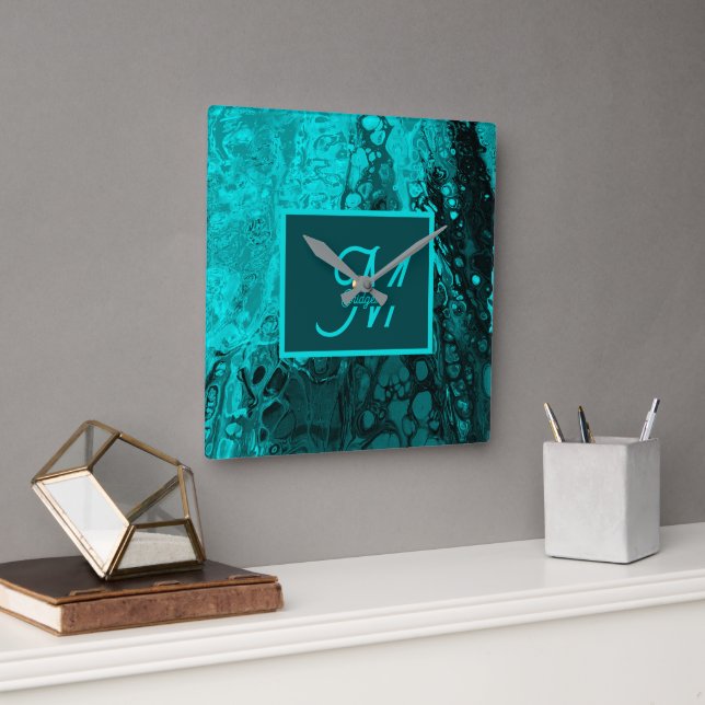 Relógio Quadrado Elegante Aqua Teal bold Script Monograma (Escritório)