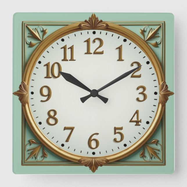 Relógio Quadrado Elegante Art Déco em Tom de Verde Menta (Frente)