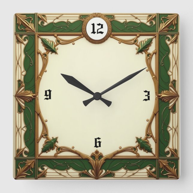 Relógio Quadrado Elegante Art Deco verde (Frente)
