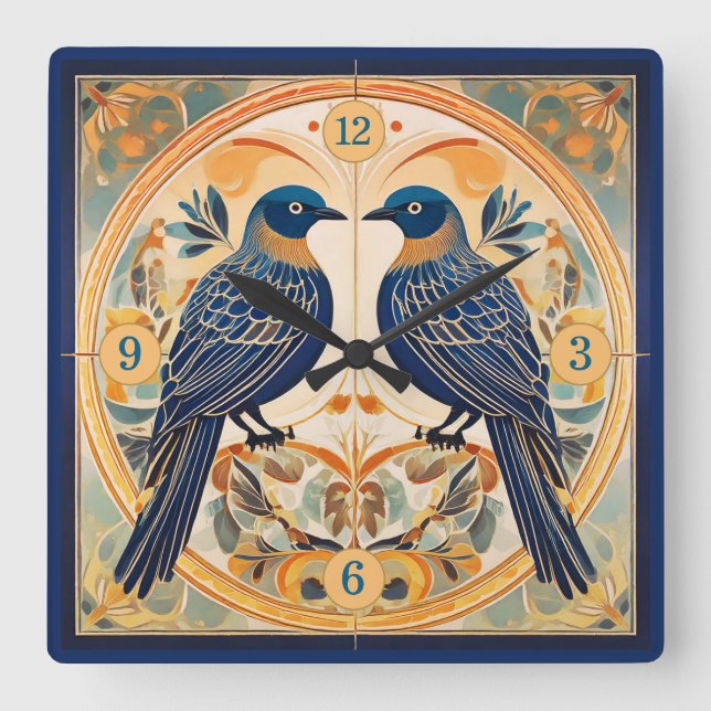 Relógio Quadrado Elegante Art Nouveau Birds Pat#22 Blue Peach ID107 (Frente)