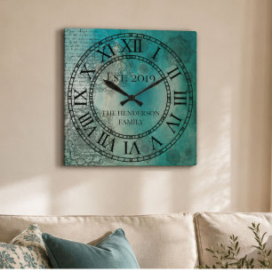 Relógio Quadrado Elegante Azul Teal Personalizado Mandela