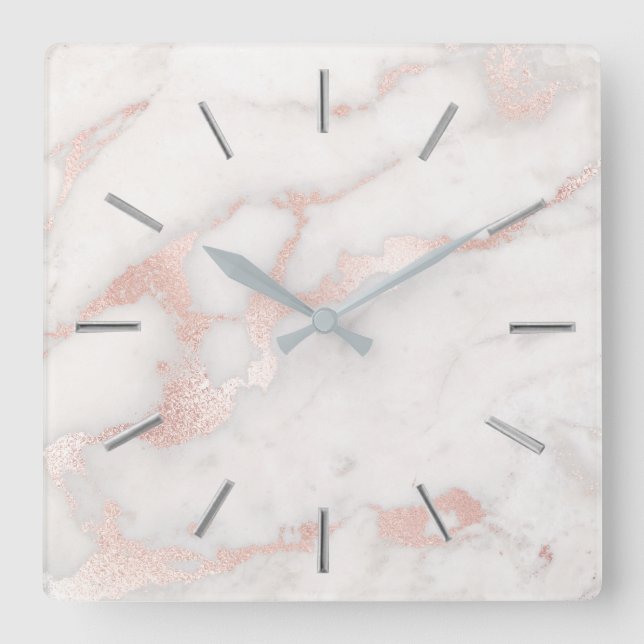 Relógio Quadrado elegante de pedra rosa dourada de faux (Frente)