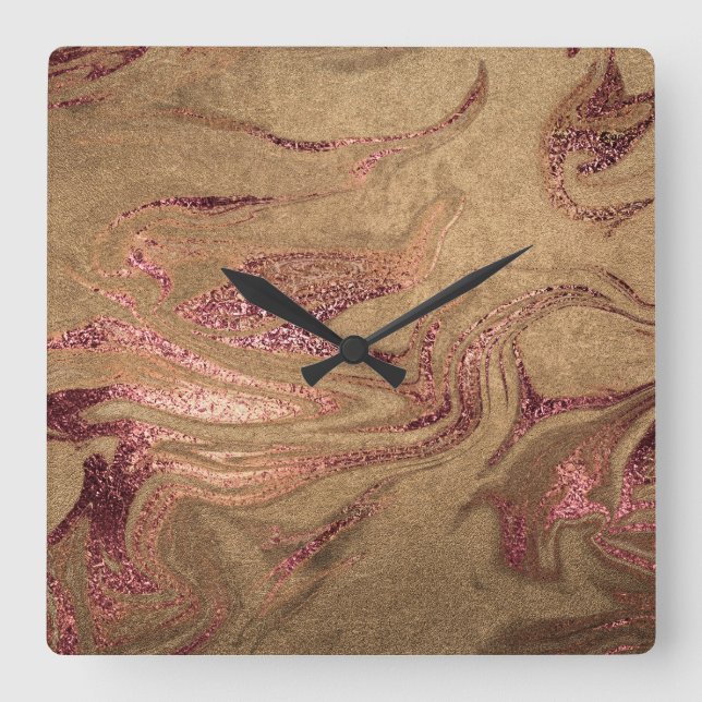 Relógio Quadrado Elegante de rosa de cobre de ouro moderno (Frente)