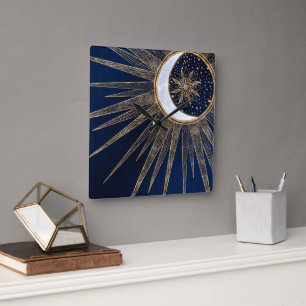 Relógio Quadrado Elegante, Dourada e Azul Lua Solar Mandala Dobra A