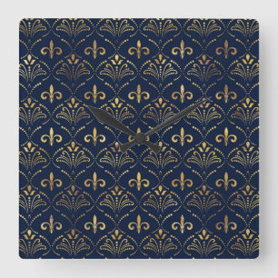 Relógio Quadrado Elegante Fleur-de-lis - Dourado e azul profundo