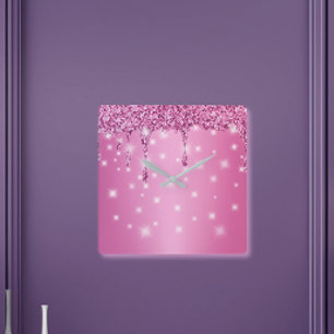 Relógio Quadrado Elegante Gotejamento Brilhante Rosa Vibrante