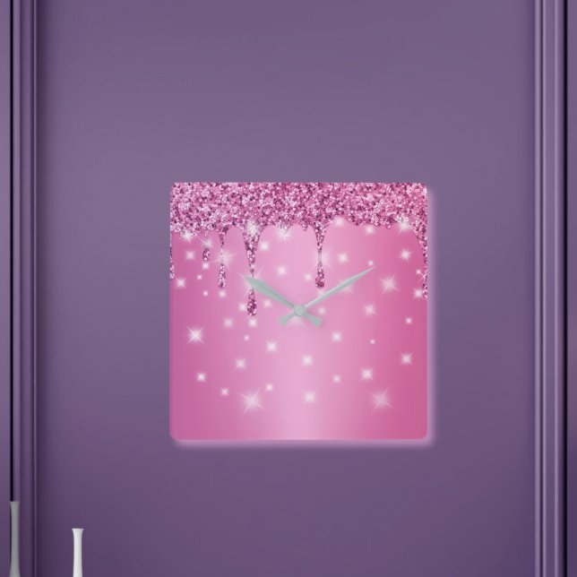 Relógio Quadrado Elegante Gotejamento Brilhante Rosa Vibrante (Hot pink glitter drip wall clock – a chic, glam gift for bachelorette gifts for bride, or bridesmaid)