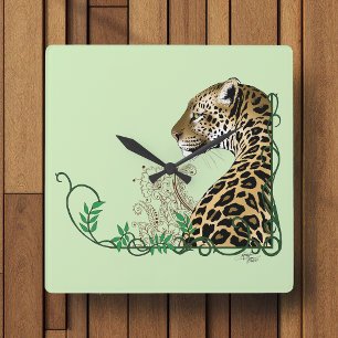 Relógio Quadrado Elegante Leão Verde Botânico Henna