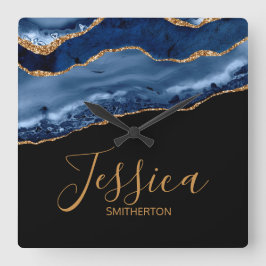 Relógio Quadrado Elegante Marinho Azul Dourado Nome do Agato Marble