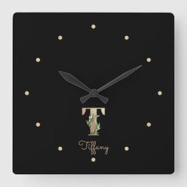 Relógio Quadrado Elegante Monograma Botânico - Letra T