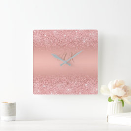 Relógio Quadrado Elegante Monograma Luxuoso Brilhante em Rosa Doura