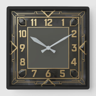 Relógio Quadrado Elegante Preto Art Déco