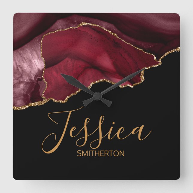 Relógio Quadrado Elegante Purple Burgundy Nome do Agato de Marble D (Frente)