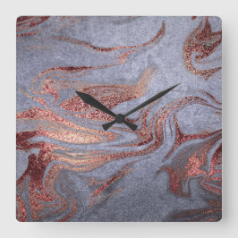 Relógio Quadrado Elegante rosa de cobre, de ouro, azul-mármore
