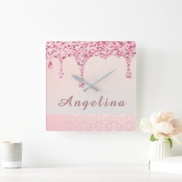 Relógio Quadrado Elegante Rosa Glam Glitter Gotejamento Renda Chuve