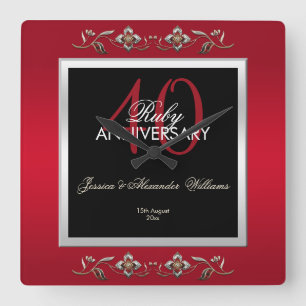 Relógio Quadrado Elegante Ruby Gemstones 40º aniversário de casam