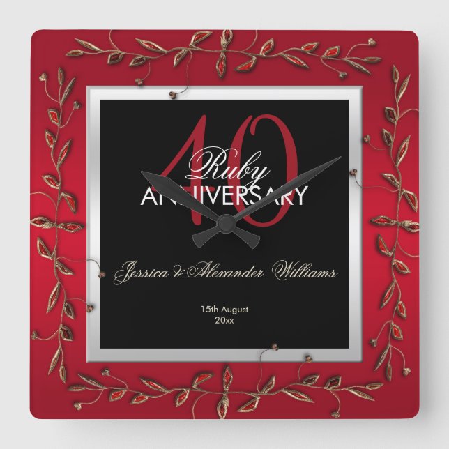 Relógio Quadrado Elegante Ruby Gemstones 40º Aniversário de Casamen (Frente)