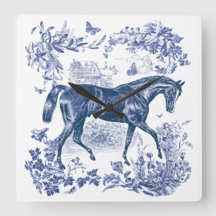 Relógio Quadrado Elegante Vintage Rustic Blue Horse Country Toile