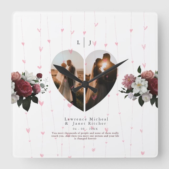Relógio Quadrado Elegante White Heart Moldou Foto Personalizada Par (Frente)