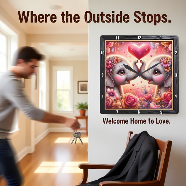 Relógio Quadrado Elephant Love Heart Pink (Criador carregado)