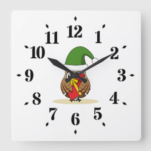 Relógio Quadrado Elf Owl de Natal com Presente