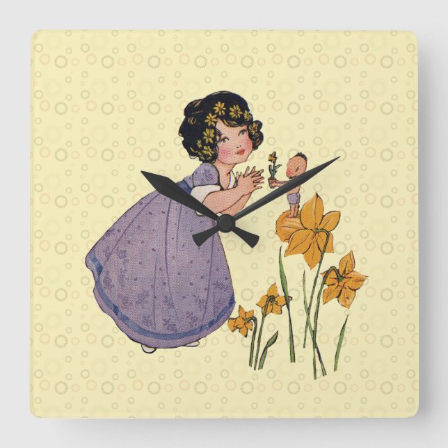 Relógio Quadrado Elfo de Jardim Narciso Terra das Fadas Primavera P (Frente)
