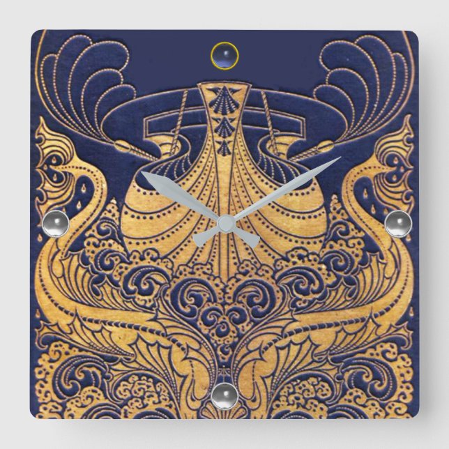 Relógio Quadrado Embarcação Antiga,Golfinhos,Dourado,Azul Marinho N (Frente)