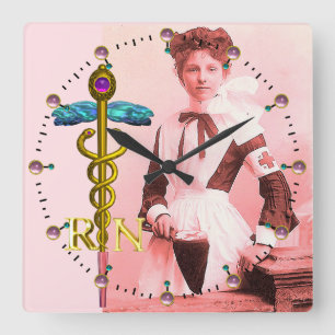 Relógio Quadrado Emblema do Caduceus NR da ENFERMEIRA e do ouro do