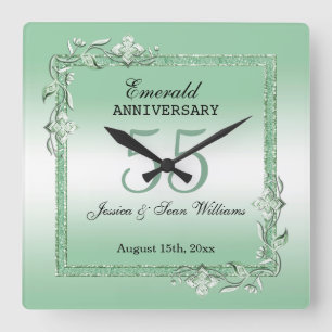 Relógio Quadrado Emerald Gem & Glitter 55º Aniversário de Casamento