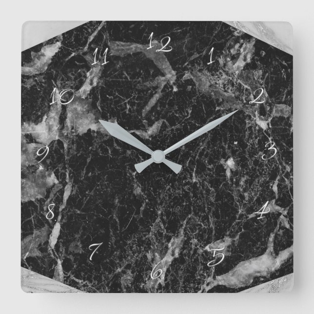 Relógio Quadrado Encanto moderno de mármore branco & de prata preto (Frente)