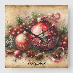 Relógio Quadrado Enfeites de natal Vintage Pastel Watercolor